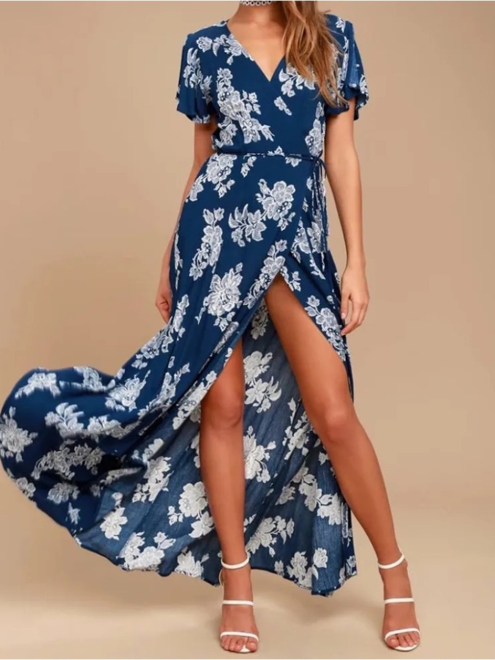 Lulu's Navy & White Floral Wrap Maxi Dress